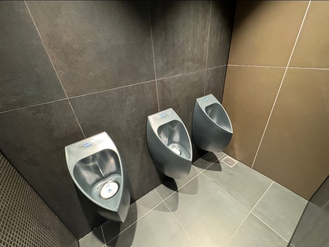 משתנות ללא מים כהות בשירותים עם אריחים כהים